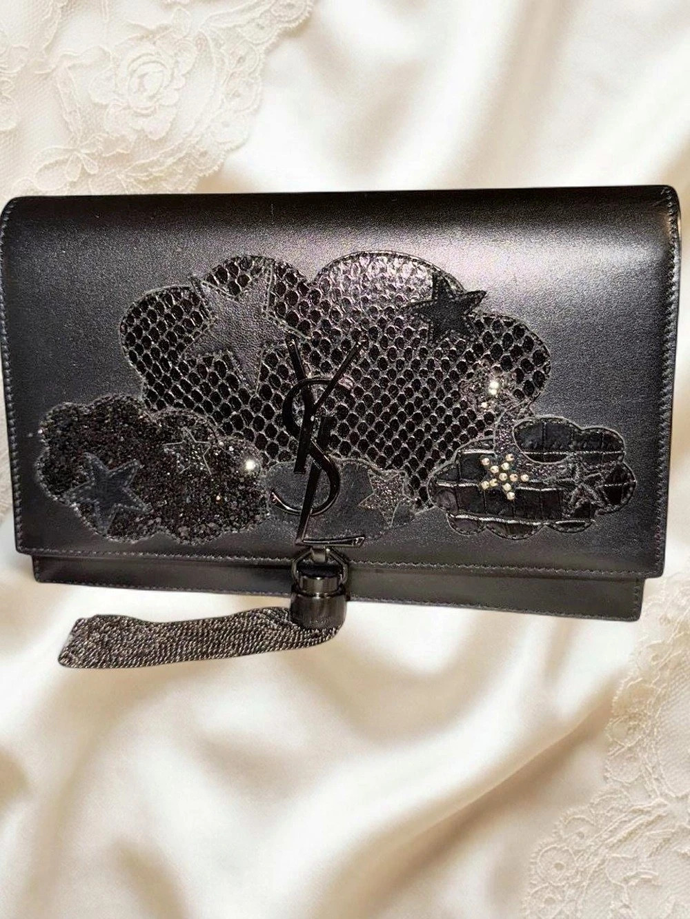 Saint Laurent Calfskin Cloud Star Applique Classic Monogram Kate Tassel Clutch/C